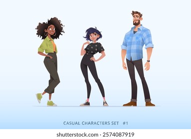 Beautiful smiling people standing together in casual outfit. Young successful and stylish. Сharacters for various creative projects. Flat modern cartoon vector illustration