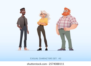 Beautiful smiling people standing together in casual outfit. Young successful and stylish. Сharacters for various creative projects. Flat modern cartoon vector illustration