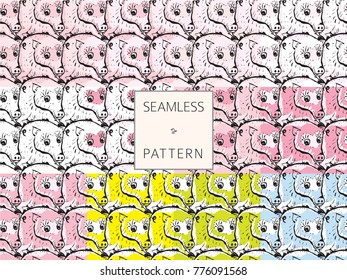 Beautiful smiling pig  - most probable - in loved (not sure). Seamless (Escher type) vector pattern. 12 variants.