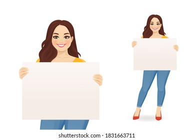 Beautiful smiling plus size woman in jeans holding empty blank board isolated vector illustration