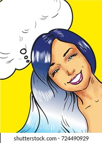 Beautiful smiling Pop Art Woman on a yellow background.