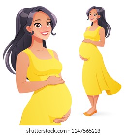 Beautiful smiling pregnant Asian woman. Full length cartoon style vector illustration isolated on white background.