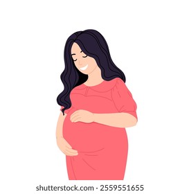 Beautiful smiling pregnant Asian woman. Flat cartoon vector illustration of pregnancy isolated on white background.