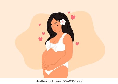 Beautiful smiling pregnant Asian woman. Flat cartoon vector illustration of pregnancy isolated on white background.