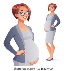 Beautiful smiling pregnant business woman in office outfit. Full length cartoon style vector illustration isolated on white background.