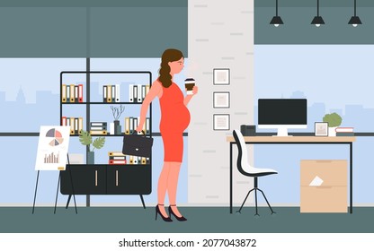 Beautiful smiling pregnant business woman in office interior vector illustration. Cartoon female character with belly wearing dress, holding briefcase and coffee, starting working day background