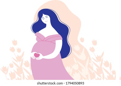 Beautiful smiling pregnant woman dreaming about her future baby. Expecting a child with love. Floral pattern around. Vector illustration character in a flat style