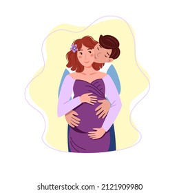 Beautiful smiling pregnant woman with her husband. Happy man hugging his pregnant wife.Young happy future mom. In anticipation of the birth of a child. Vector illustration in cute cartoon style.