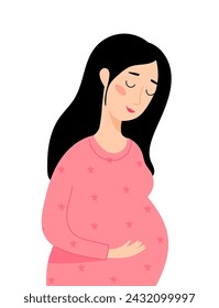 Beautiful smiling pregnant woman in pink dress isolated on white background. Vector illustration.