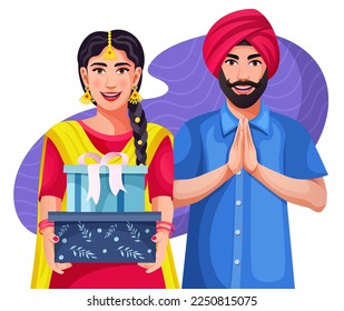 Beautiful Smiling Punjabi couple greeting wearing traditional dress standing in a greeting pose to Namaste hands, giving ribbon bow gift boxes isolated on purple background, a man wearing Turban.