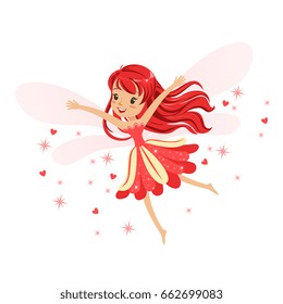 Beautiful smiling red Fairy girl flying colorful cartoon character vector Illustration