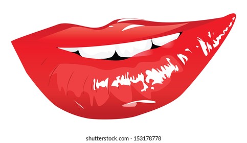 Beautiful smiling red lips on white background.