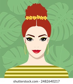 Beautiful smiling redhead woman with yellow flowers in her hair wearing large gold hoop earrings against green background with palm leaves, colorful vector illustration