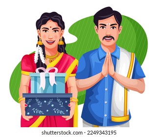 Beautiful Smiling south indian couple greeting wearing traditional dress standing in a greeting pose to Namaste hands, giving ribbon bow gift boxes isolated on green background, man wearing lungi.