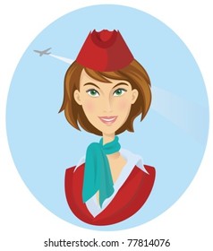 Beautiful smiling stewardess dressed in red uniform vector illustration