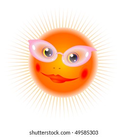 The beautiful smiling sun in pink glasses isolated on the white background