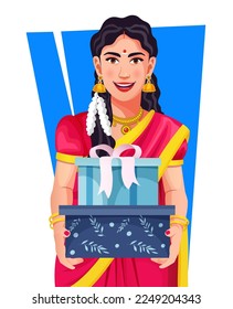 Beautiful Smiling Tamil girl giving ribbon bow gift boxes smiling cheerfully during Pongal festival in pink saree, copy space. South Indian harvesting festival vector illustration avatar design.