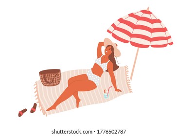 Beautiful smiling tanned girl lie on towel under striped umbrella. Summer time vector illustration. Beach concept design with cocktail, flip-flops, bag. Isolated on white background.