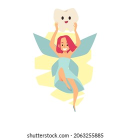 Beautiful smiling tooth fairy holding child lost tooth in her arms above head in flat vector illustration isolated on white background. Fantasy magic girl with wings rejoices, kind godmother