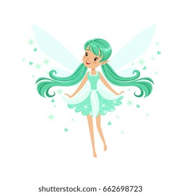 Beautiful smiling turquoise Fairy girl flying colorful cartoon character vector Illustration