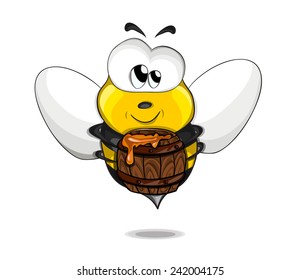 Beautiful smiling vector bee with honey pot
