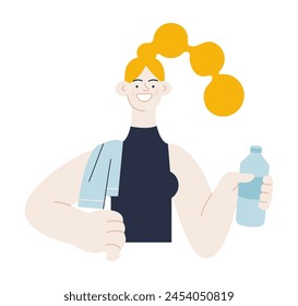 Beautiful and smiling white skin tone woman in sport clothes with towel on her shoulder hold plastic water bottle. Modern vector flat illustration. Healthy lifestyle. Social media ads.