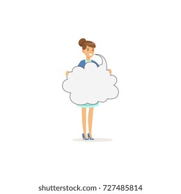 Beautiful smiling woman character holding empty message cloud, speech bubble vector Illustration