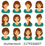 Beautiful smiling woman demonstrates various hairstyles. Long and short hair. Brown hair color. Hairstyle set. Flat style on a white background. Cartoon.
