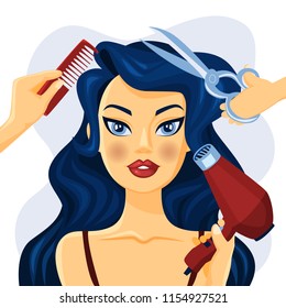 Beautiful smiling woman in hair salon. Hands with scissors, brush and fan making hair style. Isolated flat vector illustration