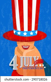 Beautiful smiling woman in hat american flag. Independence day. Vector illustration.
