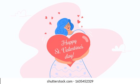 Beautiful smiling woman hugging heart symbol as Valentines greeting card. Flat vector illustration of people who fell in love and celebrating Saint Valentines day. Romantic banner on white background