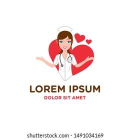 Beautiful smiling woman nurse isolated on white background. woman nurse with doctor presenting pose logo vector icon illustration