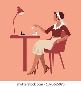 Beautiful smiling woman playing chess. Vector flat illustration. 