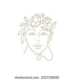 Hermoso retrato de mujer sonriente con flores peinado línea continua de arte ilustración vectorial. Cara femenina gentil romántica con pelo floral de flor botánica icono mínimo para el coiffuro de belleza