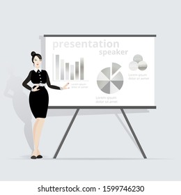 Beautiful smiling woman, presentation speaker near board with graphs, business lady. Cartoon character vector illustration, professional presenting. Working female.