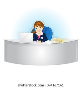 Beautiful smiling woman sitting at the table in the office, secretary. Vector illustration.