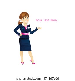 Beautiful smiling woman standing and pointing at some text/slogan, secretary/manager. Vector illustration.