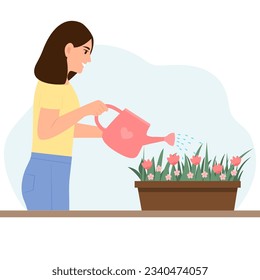 Beautiful smiling woman watering  flowers. Houseplant care.Summer gardening, hobby. Vector illustration in flat style
