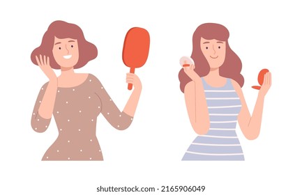 Beautiful smiling women looking at hand mirror set cartoon vector illustration