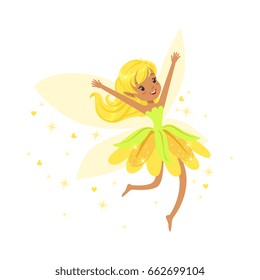 Beautiful smiling yellow Fairy girl flying colorful cartoon character vector Illustration