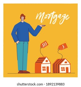 Beautiful smiling young man.  Concept of business in real estate, rent. Male cartoon flat concept on yellow background. Hand drawn lettering Mortgage. Сolored building for sale or rent w a price tag