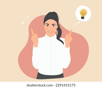 Beautiful smiling young woman delighted with innovative idea with her business work or approved project.Vector illustration.