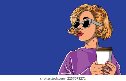 Beautiful smiling young woman in glasses holding coffee in her hands.Pop art woman holding coffee.