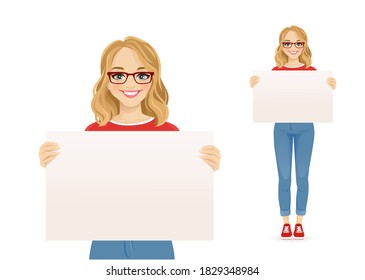 Beautiful smiling young woman in jeans with glasses holding empty blank board isolated vector illustration