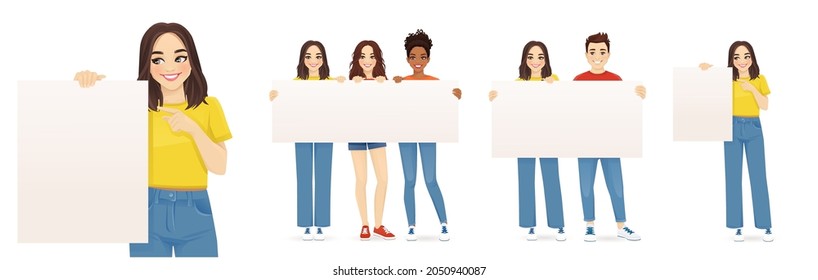 Beautiful smiling young woman in jeans with short hairstyle pointing to empty board. Happy group of friends holding blank placard standing together full length isolated vector illustration