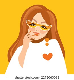 Beautiful smiling young woman with makeup, yellow glasses, brown hair. Long earring in the ear. White dress with heart. Vector illustration in yellow and orange tones. Beauty and fashion.