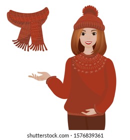 Beautiful smiling young woman in sweater and hat. Vector illustration. Isolated on a white background.