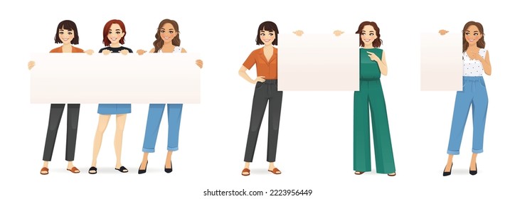 Beautiful smiling young women with empty boards. Happy group of friends holding blank placards standing together at full length. Isolated vector illustration