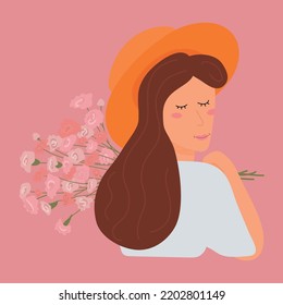 Beautiful smilling woman holding flowers bouquet in hands isolated on pink background. International women's day.vector illustration