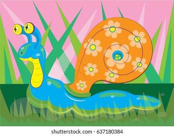 The beautiful snail creeps against the background of a bright grass